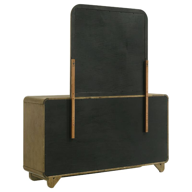 Deon Wide Dresser with Mirror, 6 Drawers, Brown Wood, Matte Nickel