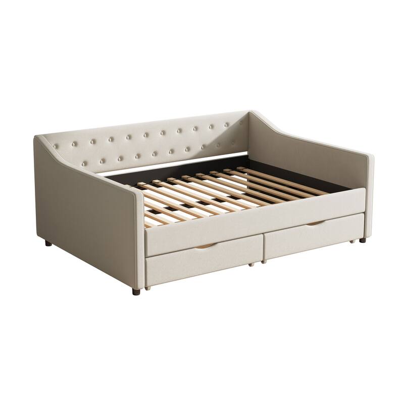 Linen Upholstered Daybed with 2 Drawers, Wooden Platform Sofa Bed Frame with Button Tufted Backrest, No Box Spring Needed