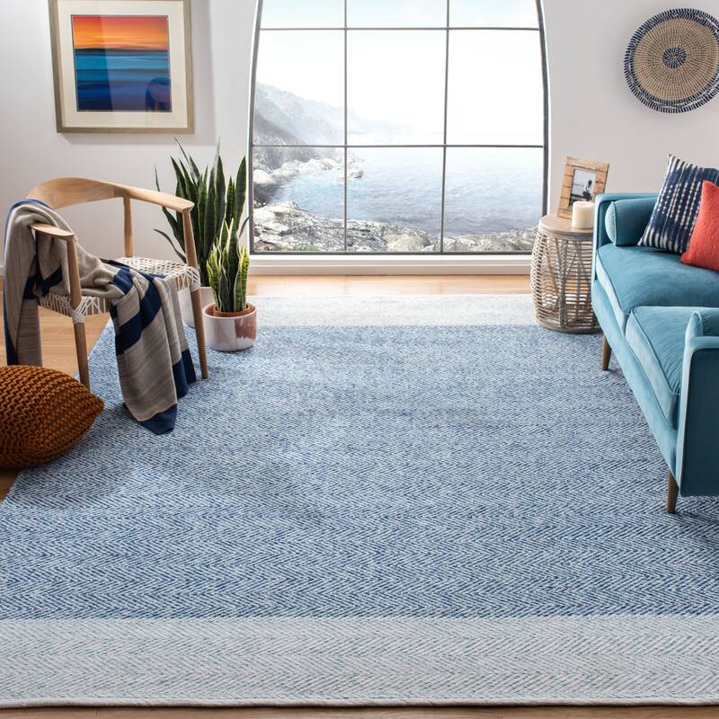 SAFAVIEH Handmade Nantucket Berdi Modern & Contemporary Geometric Cotton - 5' x 8' - Ivory/Blue - Rectangle