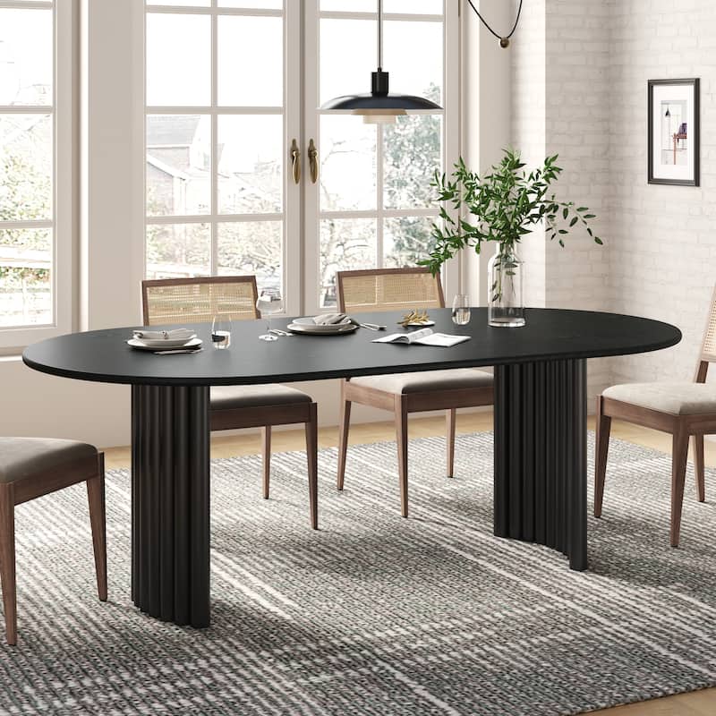 Oval Dining Table with Arc-Shaped Edge Top and Stripes Base Modern Farmhouse Kitchen Table for Living Room Dining Room
