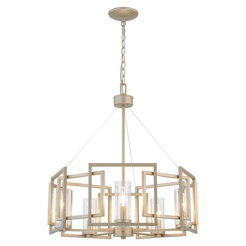 5-Light Industrial Vintage Brushed Gold Drum Large Chandelier with Clear Glass Shade - 23.6 in. W x 25.7 in. H