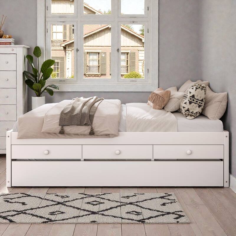 Platform Bed with Trundle, 2 Storage Drawers and Built In Power Strip, Solid Wood Bed Frame
