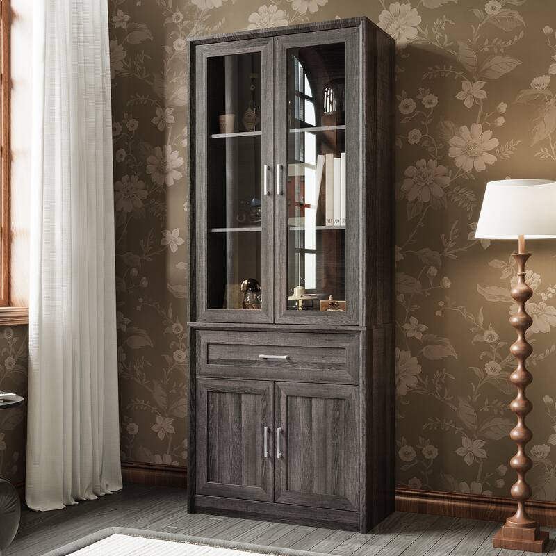 Modular Glass Door Bookcase Wall Unit with Storage Cabinets and Drawers, Dark Oak Display Hutch for Living Room or Home Office