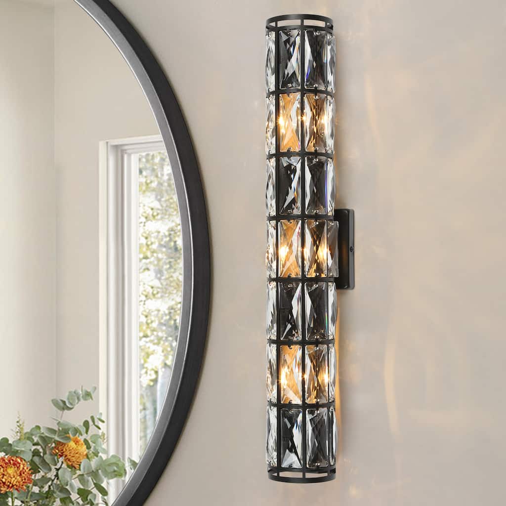 Aulia Modern Crystal 3-Light Glass Wall Sconce Black Bathroom Vanity Light - 23.5'' L x 3.5'' W x 3.5'' H