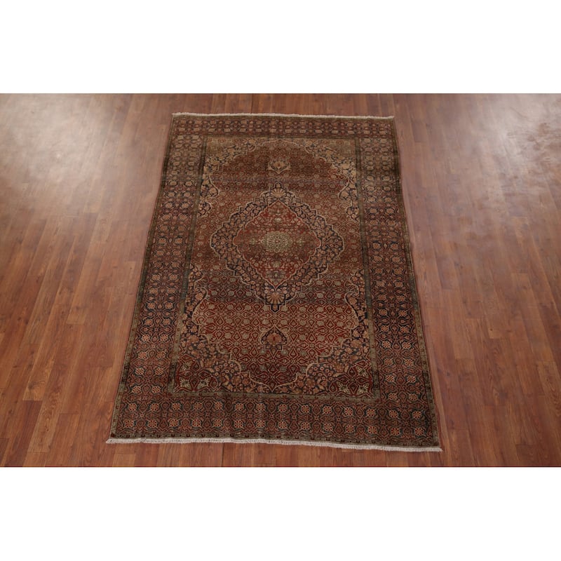 Pre-1900 Antique Kashan Mohtasham Persian Rug Handmade Wool Carpet - 4'4" x 6'5"