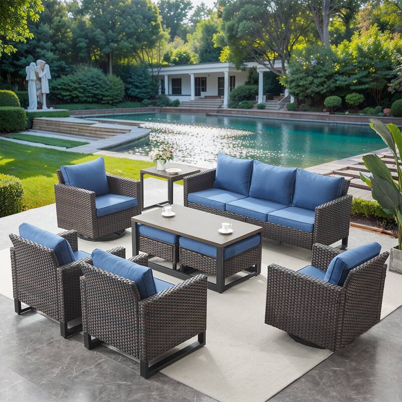 Gymojoy PE Wicker Sofa Rocking Chair Ottoman Set of 9 - Brown - Blue