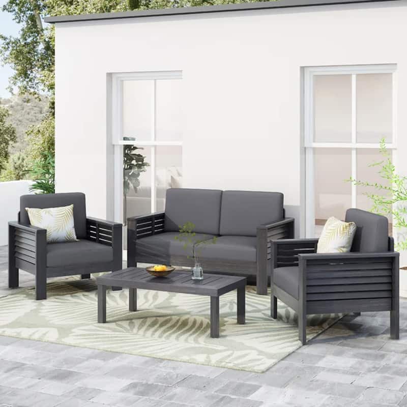 Roomfitters Outdoor Acacia Wood Loveseat and Coffee Table Set, Cream Cushions, Teak Finish, Ideal for Patio, Garden, or Porch - Grey
