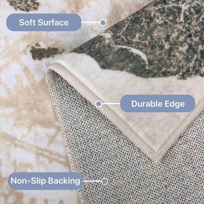 Mcow Leaf Collection Botanical Print Low-Pile Washable Area Rug