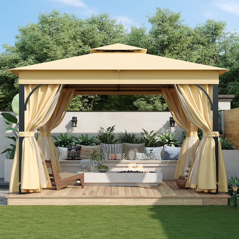 10x12 Outdoor Gazebo Tent with Double Roofs, Patio Gazebo with Mosquito Netting and Privacy Screens