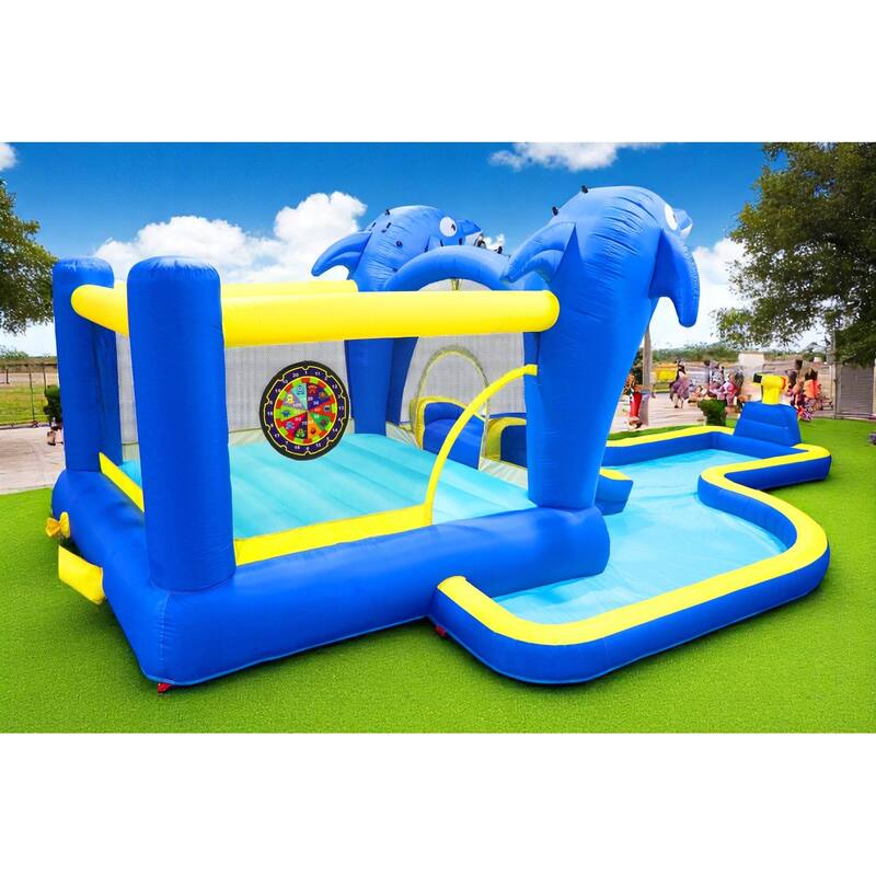 8-in-1 Inflatable Water Park with Slide,Splash Pool,Water Guns, Basketball Hoop & Climbing Wall - Includes ETL-Certified Blower
