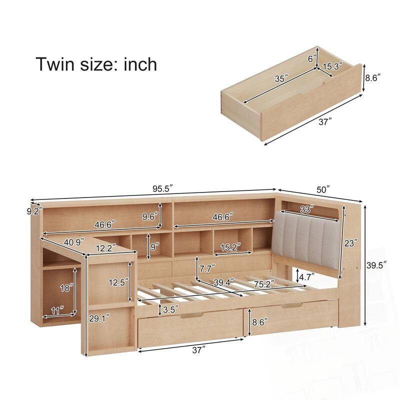 L-shaped Wooden Daybed with Desk and Storage Bookcase with Upholstered Headboard