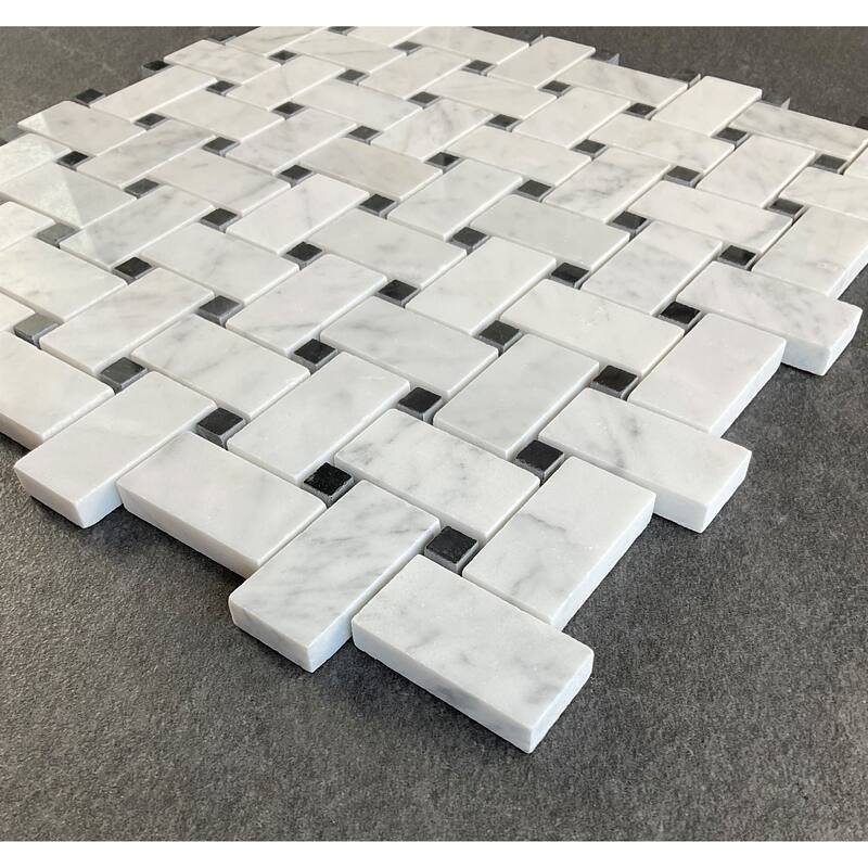 White Carrara 1 x 2 Basketweave Marble Mosaic Tiles - Case (10 Sheets)