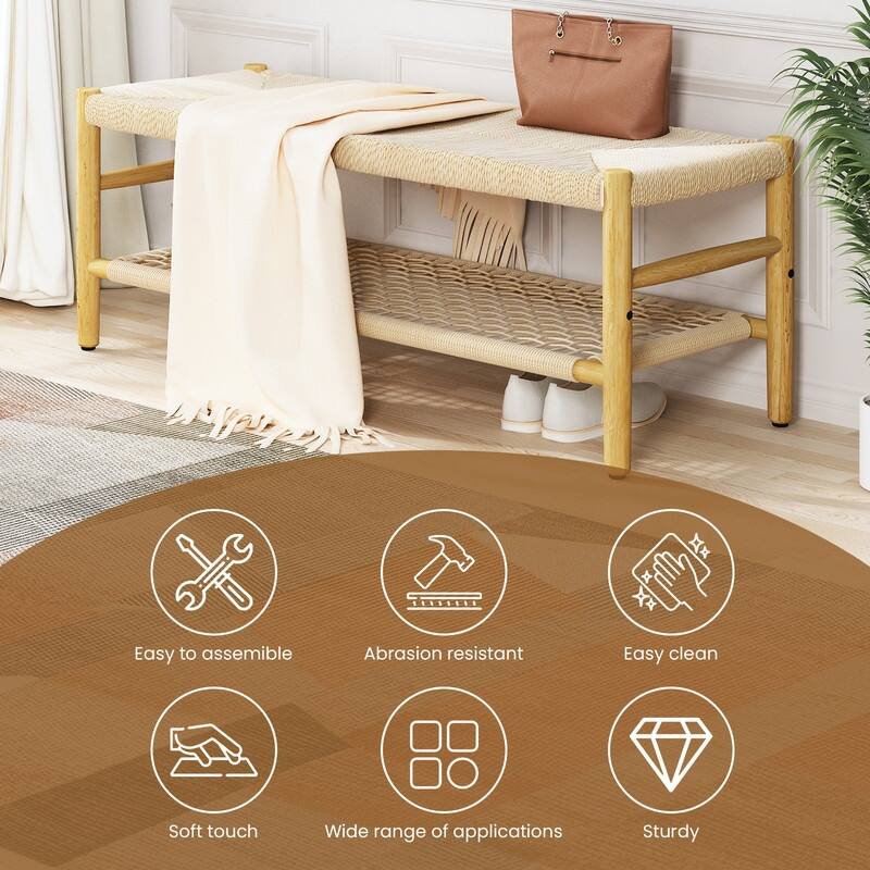 Solid Rubber Wood Entryway Shoe Bench with Hand Rope Design and Storage Shelf, Dining Bench, Boho Farmhouse Natural Shoe Rack
