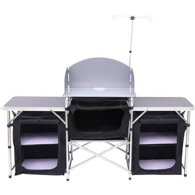 Camping Kitchen Table, Outdoor Cook Station, Camping Kitchen Station, Cooking Station Outdoor Table with Light Stand (Silver)