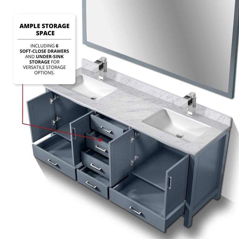 Jacques 72 in. W x 22 in. D Distressed Grey Double Bath Vanity, Carrara Marble Top, Faucet Set, and 70 in. Mirror