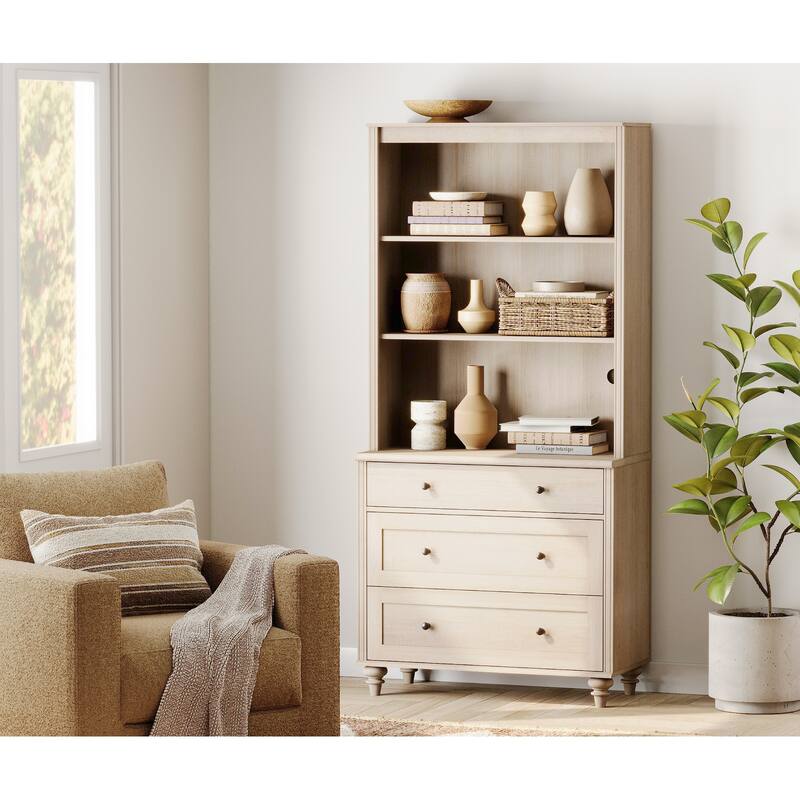 Light Beige Bookcase with Doors, Large Wood Farmhouse Book Case Shelf - 3 drawers