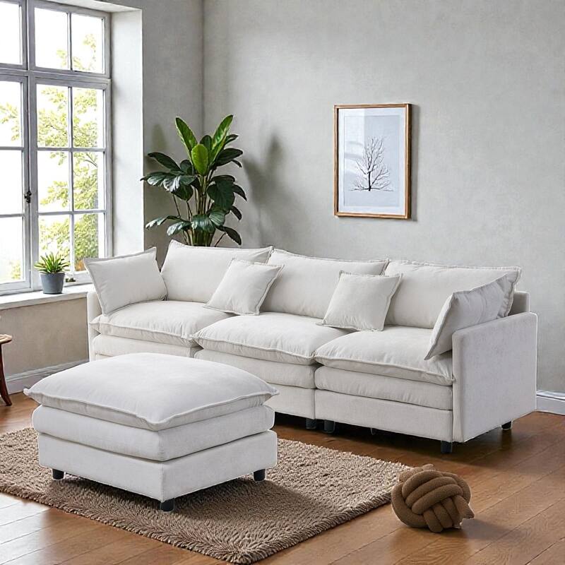 105" L-Shaped Modular Sectional Sofa with Ottoman, Soft Chenille Upholstery, 3-Seater Couch