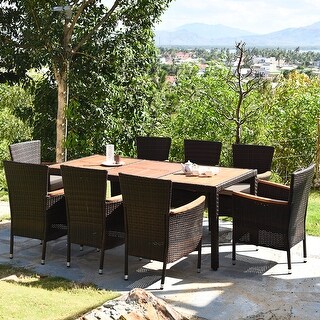 9PCS Patio Rattan Dining Set  8 Chairs Cushioned Acacia Table Top - 9-Piece Sets