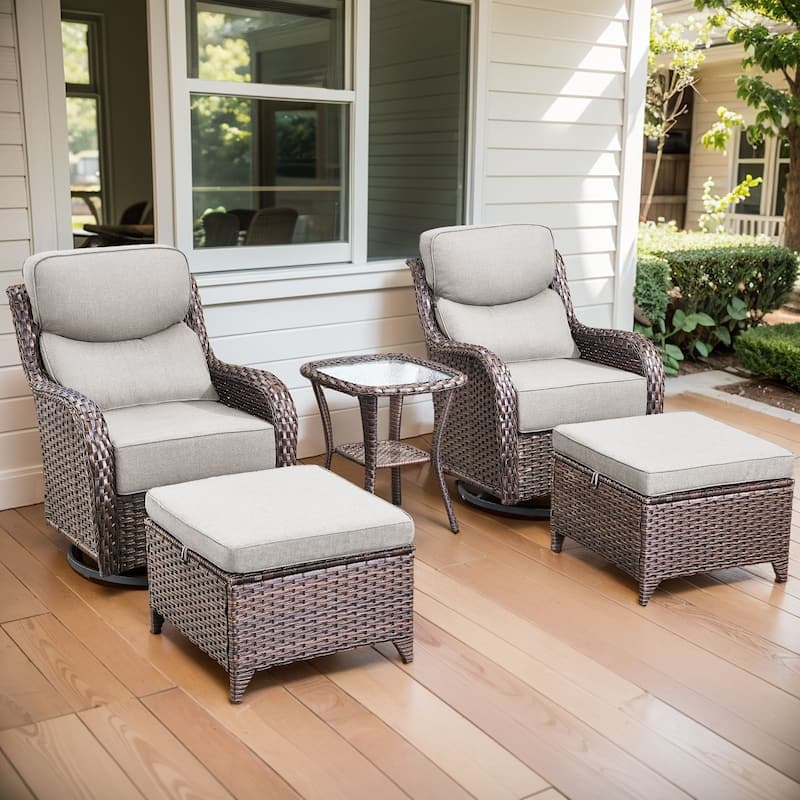 Arcadia 5-Piece Wicker Patio Swivel Glider Set with 6-Inch Thick Cushions - Beige Cushions - Brown Wicker
