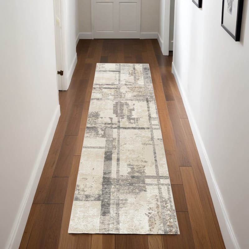 Power Loomed Abstract Modern Non Skid Stain Resistant Area Rug - 90' X '26' X '0.5 - 90' X '26' X '0.5 - Lavender/Ivory - Runner