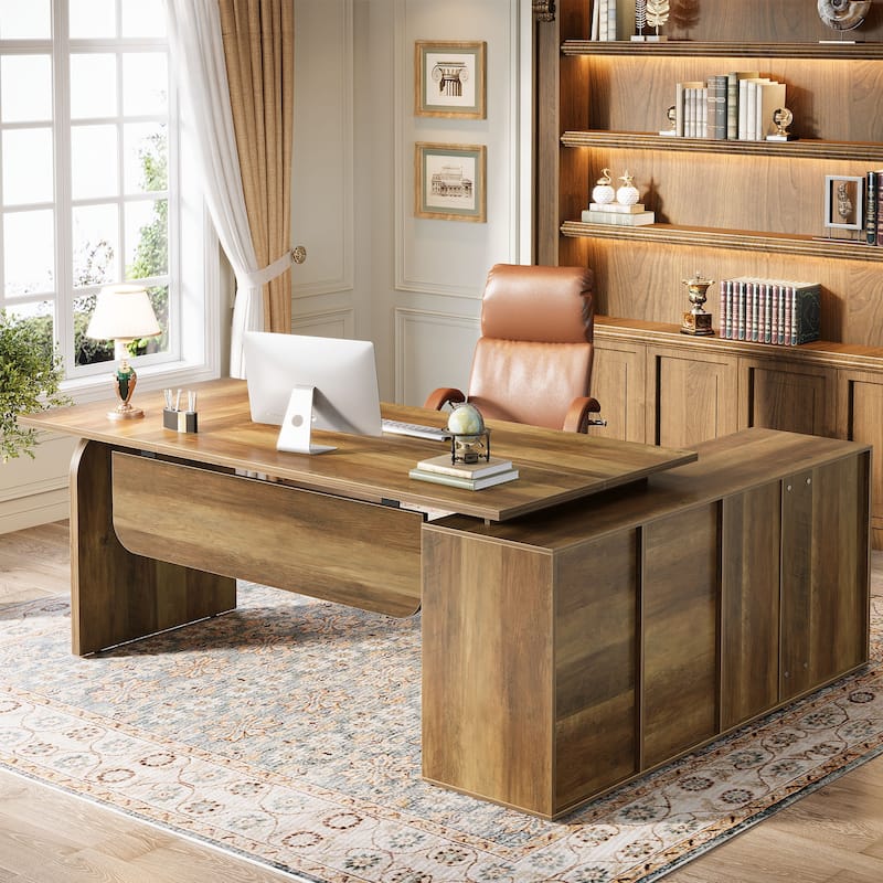 Wood L-Shaped Executive Desk with File Cabinet for Home Office