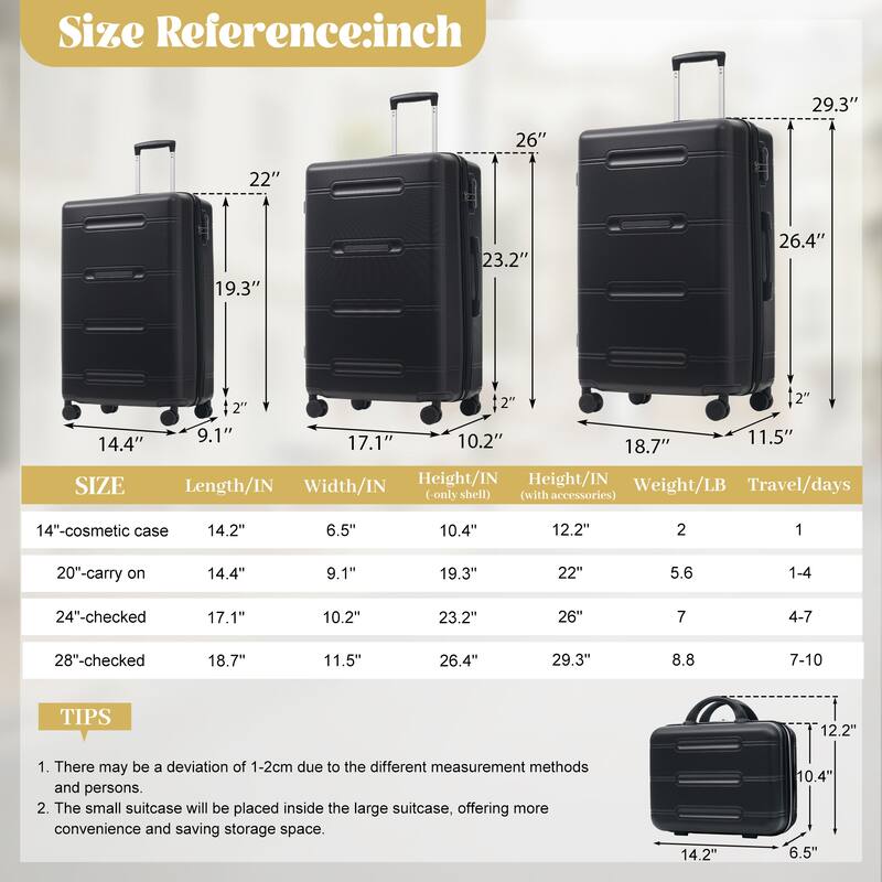 6 Piece Luggage Set, with Double Spinner Wheels Handle Password Lock, 14 IN Cosmetic Case 20/24/28 IN Luggages with Bag