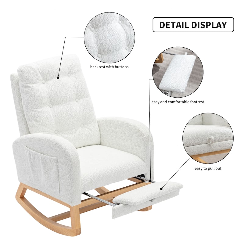 Upholstered Glider Chair with Thick Cushions, Rubber Wood Rocking Chair with Footrest, Lounge Recliner with Armrests