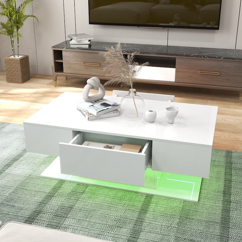 Contemporary Coffee Table with RGB LED Lights and Storage Drawers and Open Shelf Gloss Finish - 43.5" x 23.5" x 16"