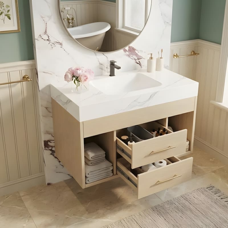 29.9-inch floating bathroom vanity with sintered stone countertop and ceramic undermount sink