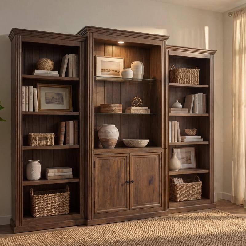 Farmhouse 3-Piece 78.75"Tall Bookcase Cabinet with and 4-Tier Display Shelf Adjustable LED Lighting
