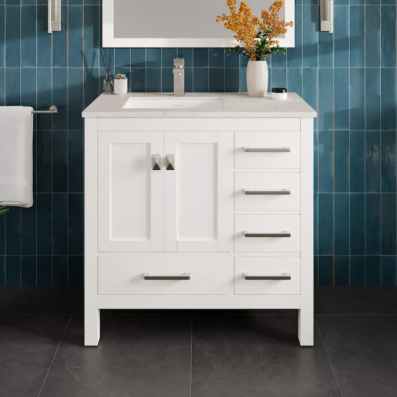Eviva London 38"W Bath Vanity with Carrara Quartz Top - White
