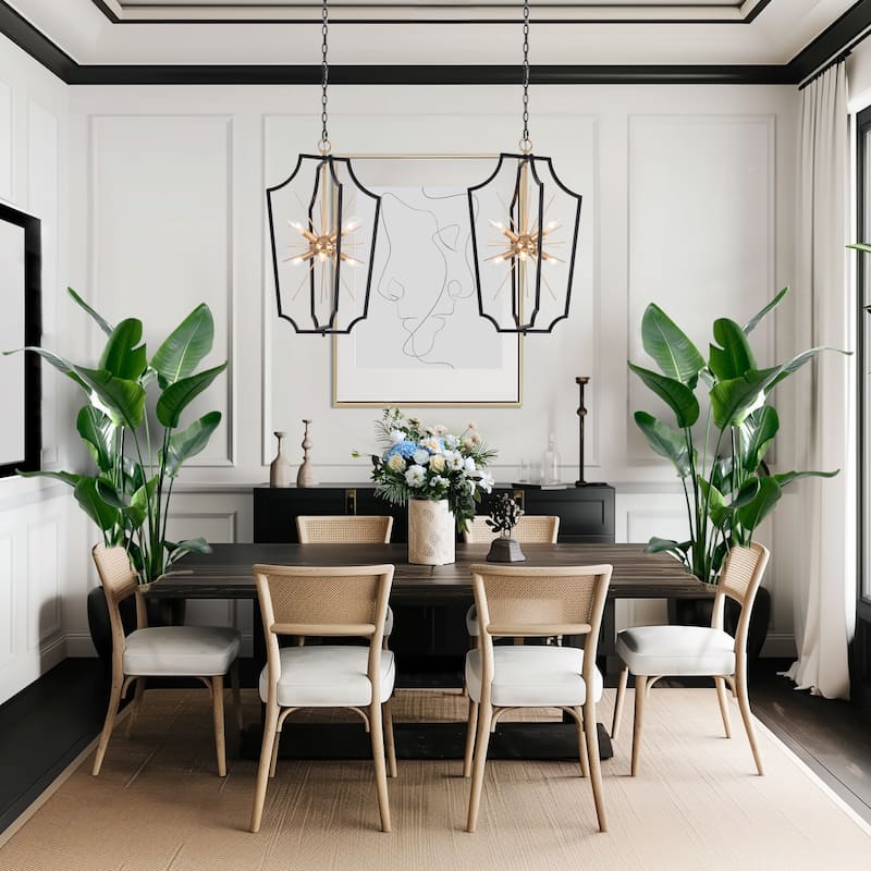 Modern Elegance 6-Light Geometric Black Frame Chandelier with Gold Starburst Pendant Kitchen Island for Dining Room
