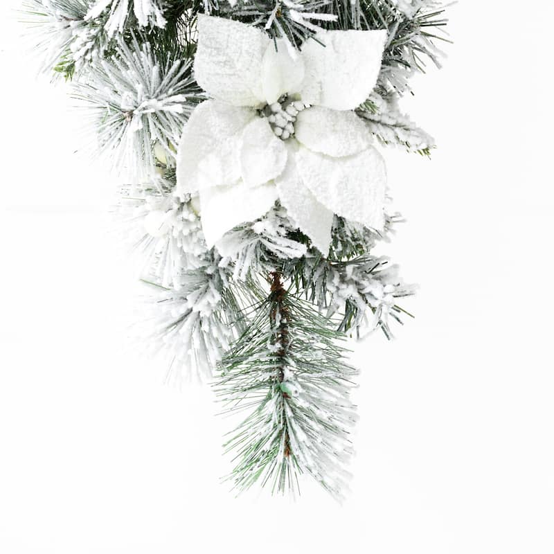 Glitzhome 3ft Pre-Lit Flocked White Poinsettia and Berries Christmas Teardrop
