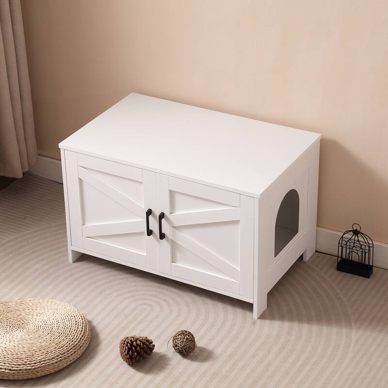 Cat Litter Box Enclosure, Litter Box Furniture Hidden with Barn Door,Wooden Cat Washroom Furniture, Cat House,End Table