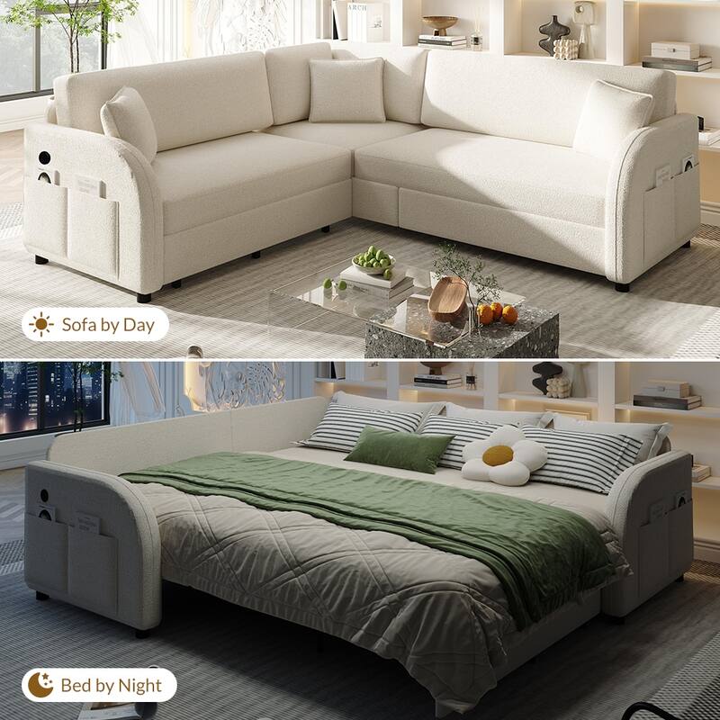 Sectional Sleeper Sofa with Pull Out Bed, Convertible Teddy Fabric Couch with Side Pockets & USB Ports, L Shaped Modular Couches