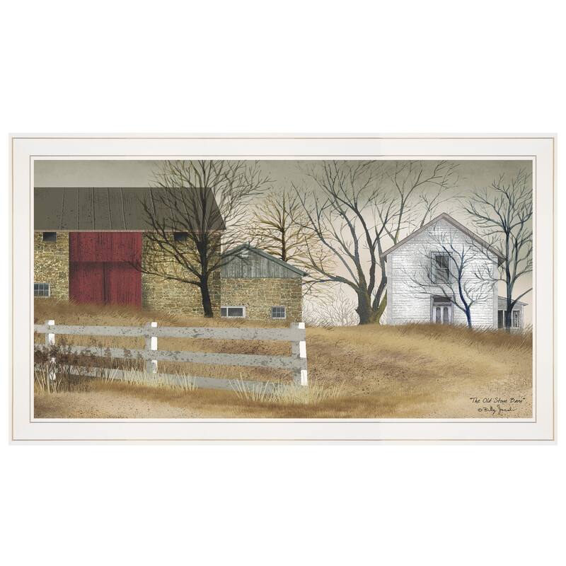 TrendyDecor4U Traditional "The Old Stone Barn" Framed Print Wall Art by Billy Jacobs - White