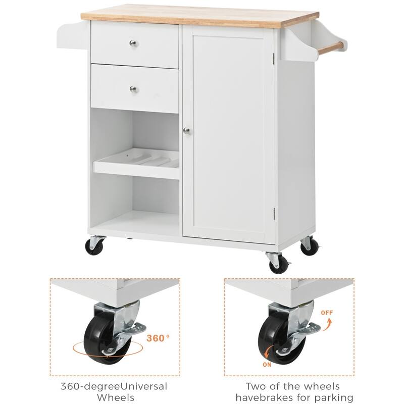 41.3 in. W Kitchen Island Rubberwood Top on 4 Wheels with 2 Drawers and Large Storage Cabinet
