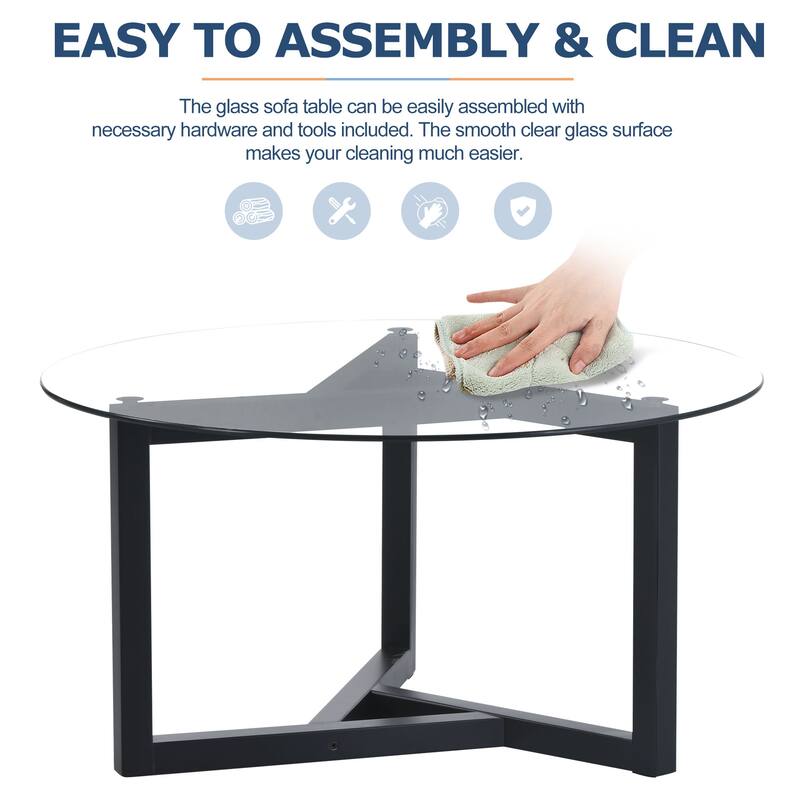 Round Glass Coffee Table, Home Snack Table Small Spaces Cocktail Table with Sturdy Wood Base for Living Room