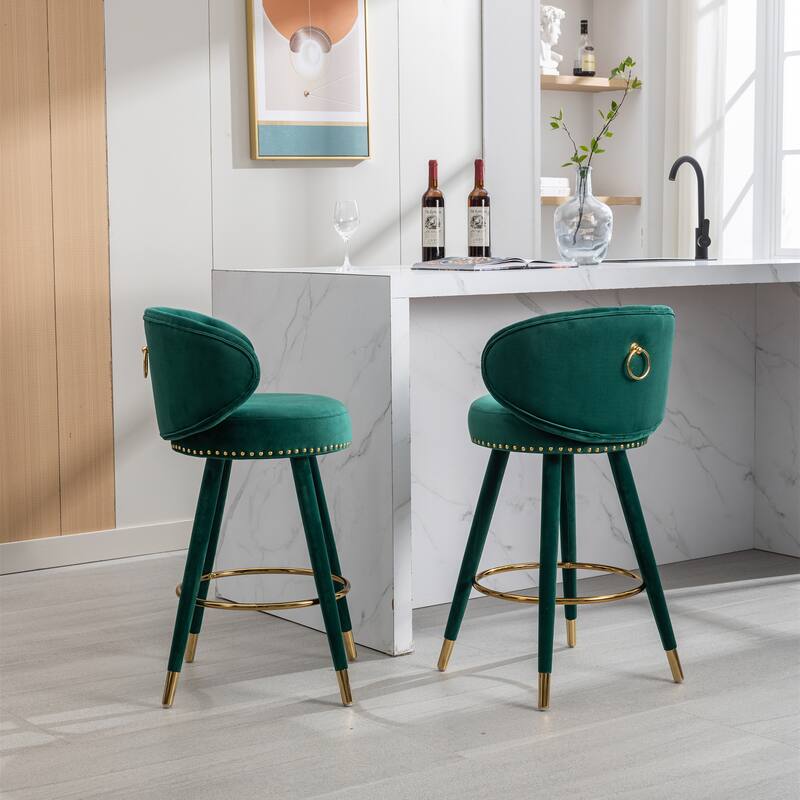 Set of 2 Counter Height Velvet Bar Stools with Solid Wood Legs