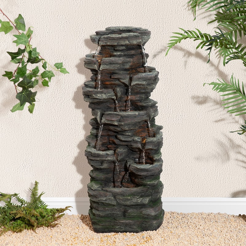 Glitzhome 39.25"H 9-Tiered Cascading Rock Polyresin Outdoor Fountain with Pump and LED Light
