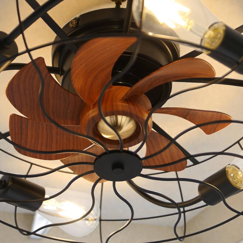 20 Inch Industrial Caged Ceiling Fan with Light, Matte Black, 6-Speed Reversible DC Motor, Remote, E26 Bulbs Included