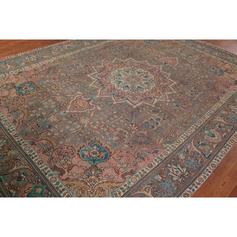 Brown Floral Tabriz Persian Rug Traditional Hand-Knotted Wool Carpet - 8'2"x 11'7"
