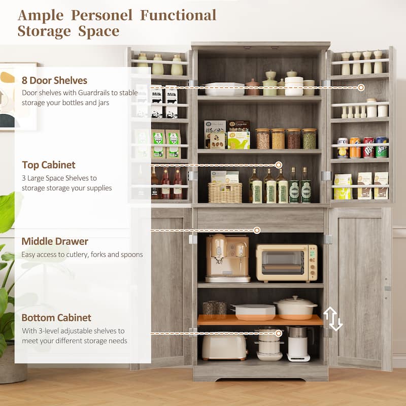 Kitchen Pantry Cabinet with Adjustable Shelves - Freestanding Storage Organizer