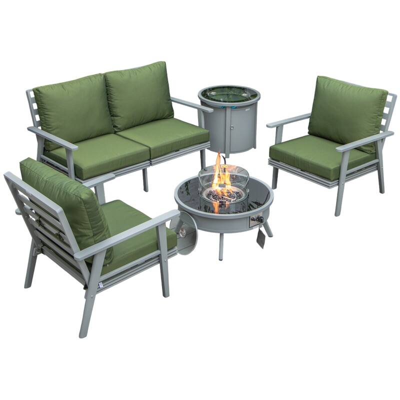 Walbrooke 4-Piece Outdoor Powder-Coated Frame Patio Furniture Set with Fire Pit Table, Tank Holder and Polyester Cushions