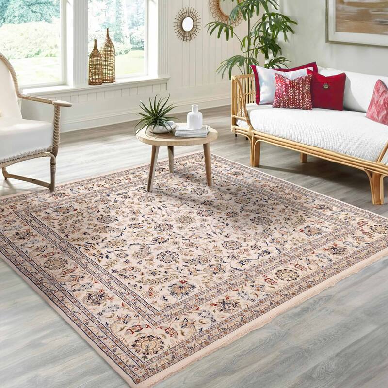 ECARPETGALLERY Hand-knotted Nain Cream Viscose, Wool Rug - 9'9 x 9'10