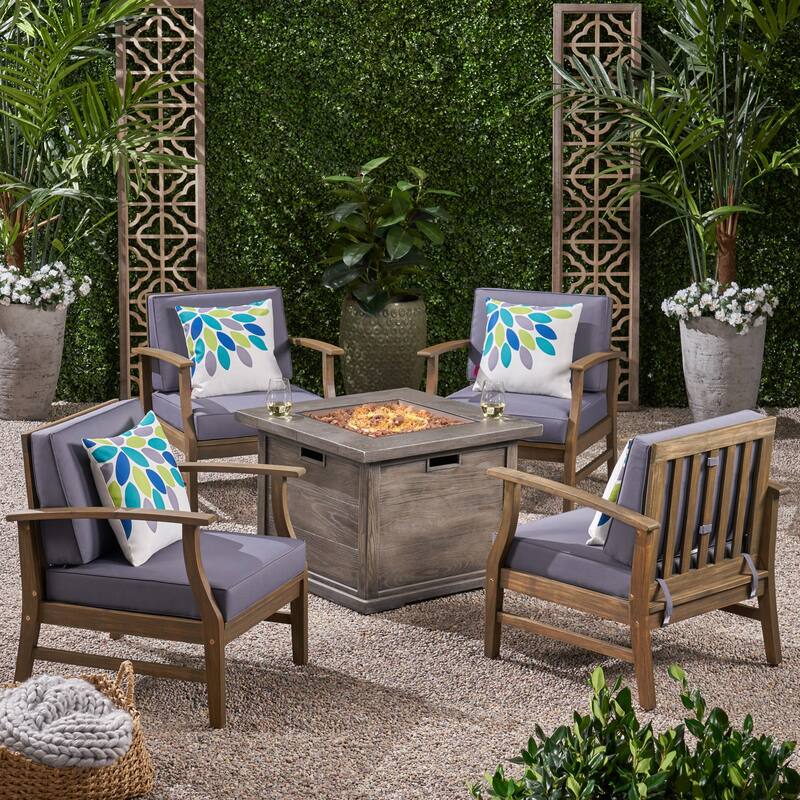 Havana Outdoor 4-seater Wood Chat Set with Fire Table by Christopher Knight Home