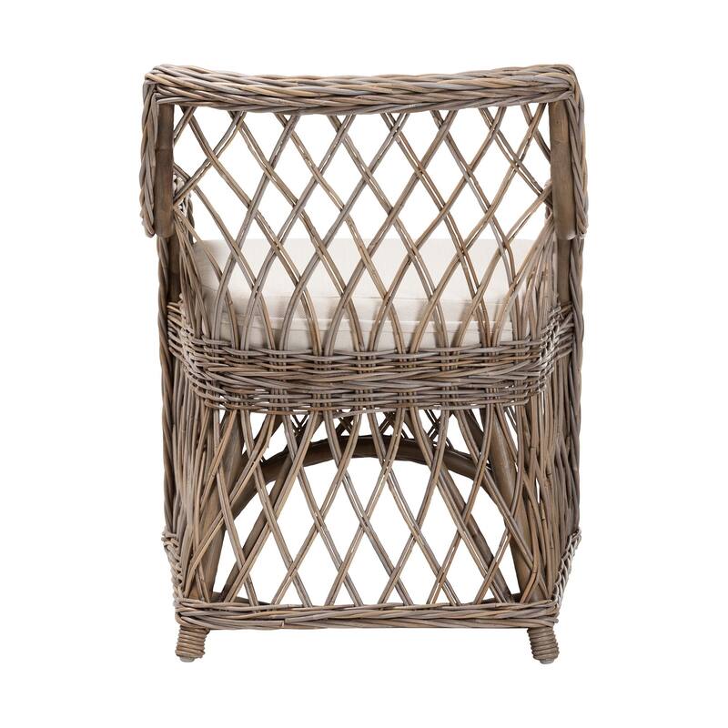 Debra Natural Rattan Armchair - Handwoven Open-Weave Wicker Armchair with Curved Silhouette & Removable Cushion