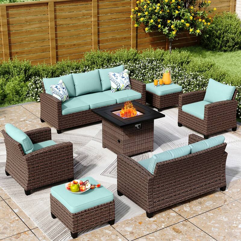 9-Seat Patio Furniture Wicker Rattan Outdoor High-back Sectional Sofa Conversation Set with Firepit Table - 9 Seats + 32" Fire Pit - Lake Blue