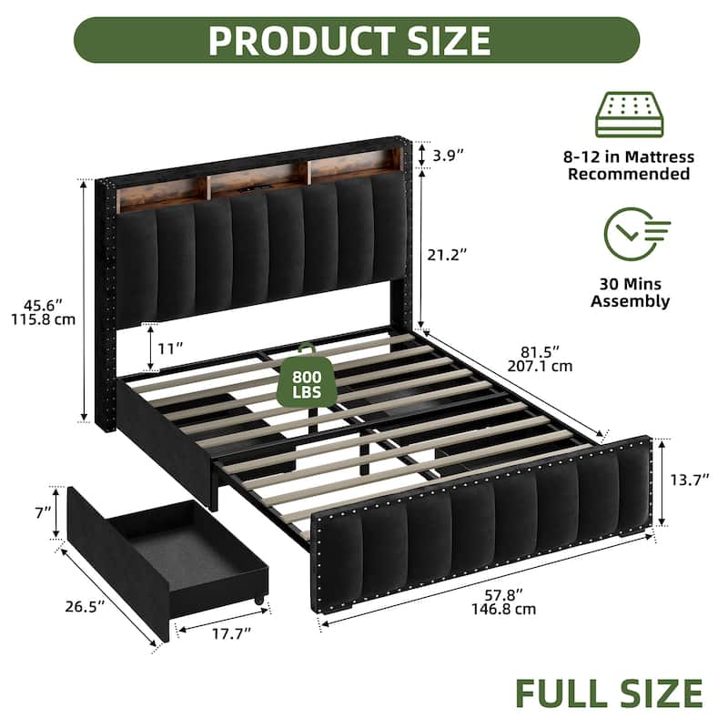 Velvet Upholstered Platform Bed with 4 Storage Drawers and RGB LED Lights&Charging Station - Black - Full