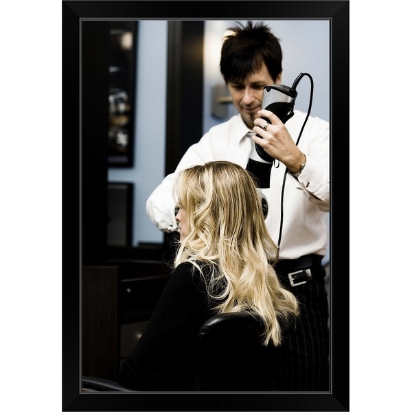 "Hair stylist with client" Black Framed Print